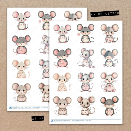 A4 and US Letter format comparison showing Fabric Pink Eared Patch Mouse fussy cut pages for print and cut crafting