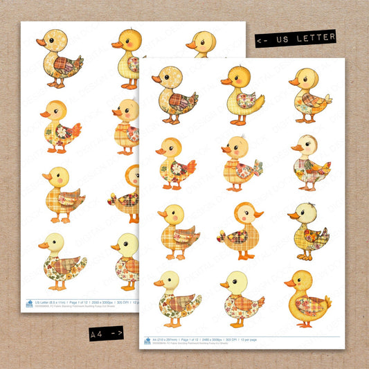 A4 and US Letter format comparison showing Fabric Standing Patchwork Duckling fussy cut pages for print and cut crafting