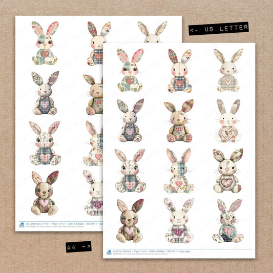 A4 and US Letter format comparison showing Fabric Stitched Heart Patch Bunny fussy cut pages for print and cut crafting