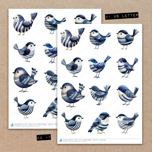 A4 and US Letter format comparison showing Fabric Striped Bird fussy cut pages for print and cut crafting