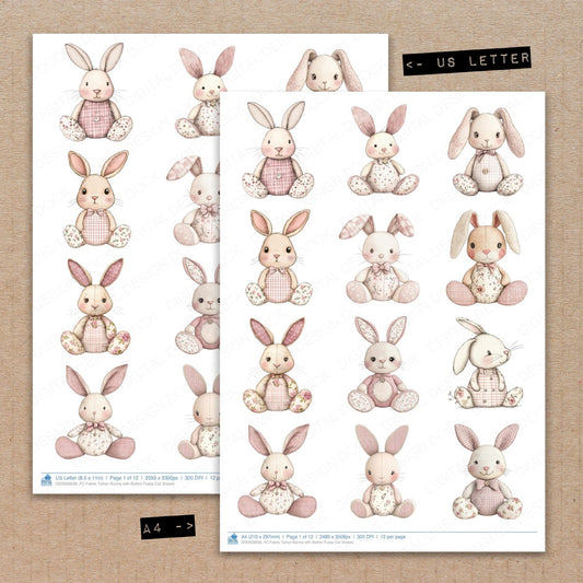 A4 and US Letter format comparison showing Fabric Tartan Bunny with Button fussy cut pages for print and cut crafting