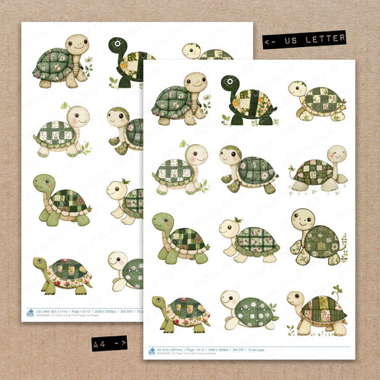 A4 and US Letter format comparison showing Fabric Turtle Patch fussy cut pages for print and cut crafting