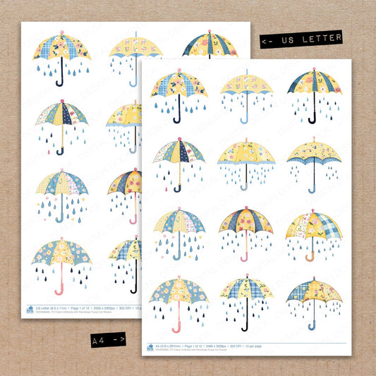 A4 and US Letter format comparison showing Fabric Umbrella with Raindrops fussy cut pages for print and cut crafting