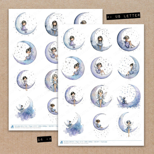 A4 and US Letter format comparison showing Fairy Crescent Moon fussy cut pages for print and cut crafting