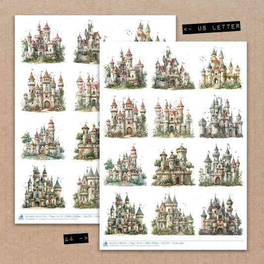 A4 and US Letter format comparison showing Fairytale Floral Princess Castle fussy cut pages for print and cut crafting