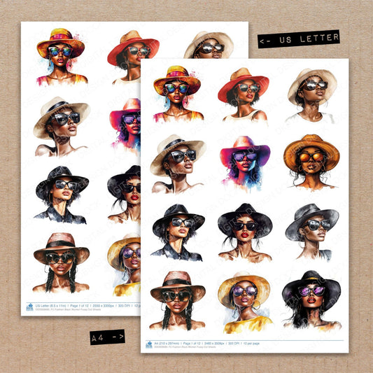 A4 and US Letter format comparison showing Fashion Black Women fussy cut pages for print and cut crafting