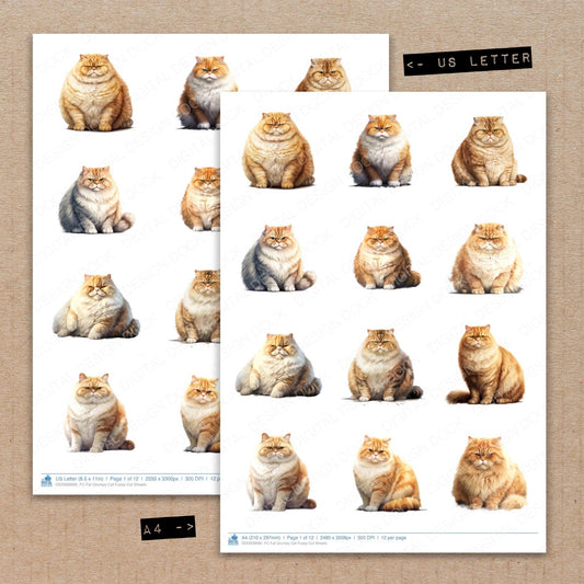A4 and US Letter format comparison showing Fat Grumpy Cat fussy cut pages for print and cut crafting