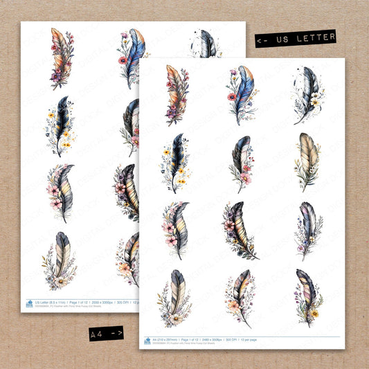 A4 and US Letter format comparison showing Feather with Floral Vine fussy cut pages for print and cut crafting