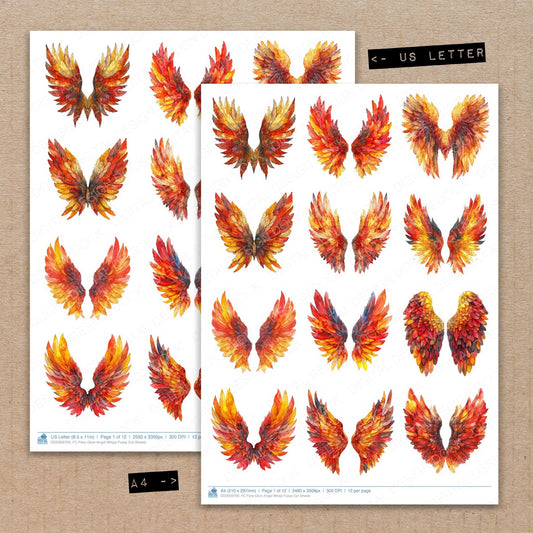 A4 and US Letter format comparison showing Fiery Glow Angel Wings fussy cut pages for print and cut crafting