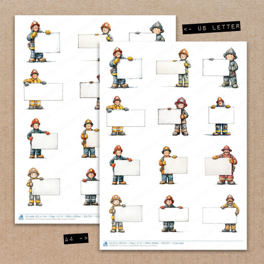 A4 and US Letter format comparison showing Fireman Holding Blank Sign fussy cut pages for print and cut crafting