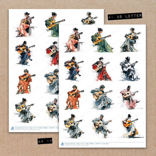 A4 and US Letter format comparison showing Flamenco Guitarist fussy cut pages for print and cut crafting
