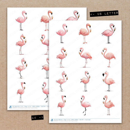 A4 and US Letter format comparison showing Flamingo Holding Ice Cream fussy cut pages for print and cut crafting