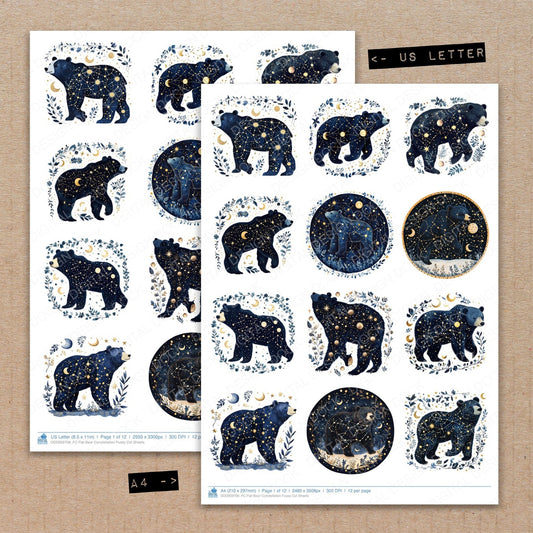 A4 and US Letter format comparison showing Flat Bear Constellation fussy cut pages for print and cut crafting