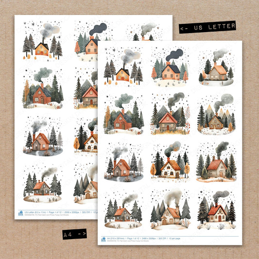 A4 and US Letter format comparison showing Flat Cabin and Pines fussy cut pages for print and cut crafting