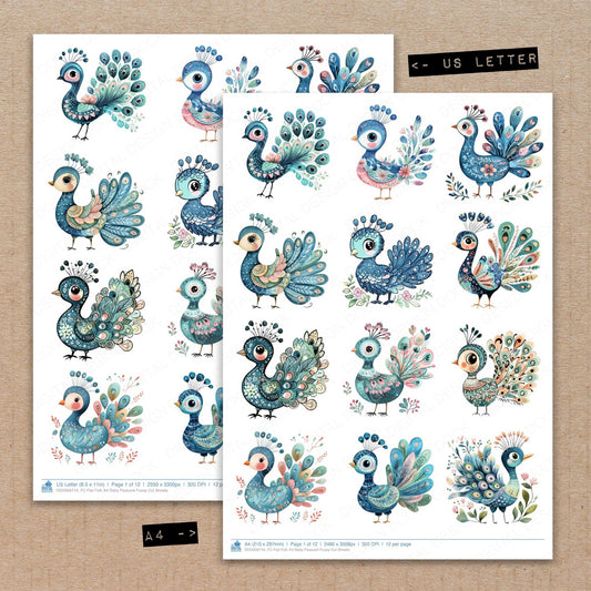 A4 and US Letter format comparison showing Flat Folk Art Baby Peacock fussy cut pages for print and cut crafting