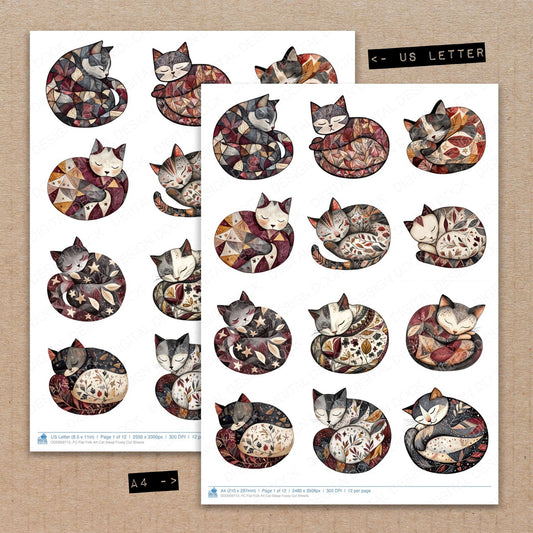 A4 and US Letter format comparison showing Flat Folk Art Cat Sleep fussy cut pages for print and cut crafting