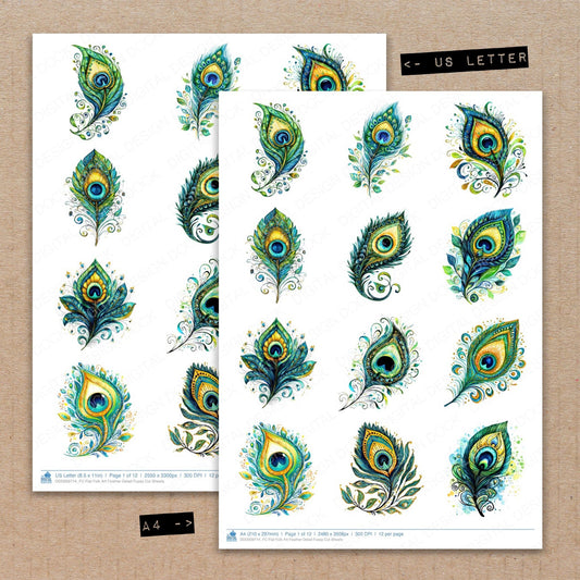 A4 and US Letter format comparison showing Flat Folk Art Feather Detail fussy cut pages for print and cut crafting