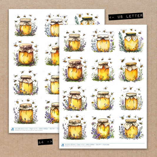A4 and US Letter format comparison showing Flat Folk Art Honey Jar fussy cut pages for print and cut crafting