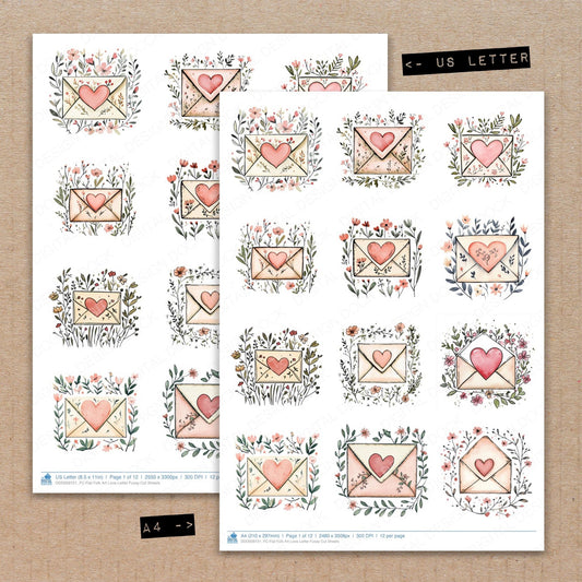 A4 and US Letter format comparison showing Flat Folk Art Love Letter fussy cut pages for print and cut crafting