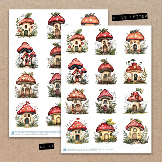 A4 and US Letter format comparison showing Flat Folk Art Mushroom House fussy cut pages for print and cut crafting