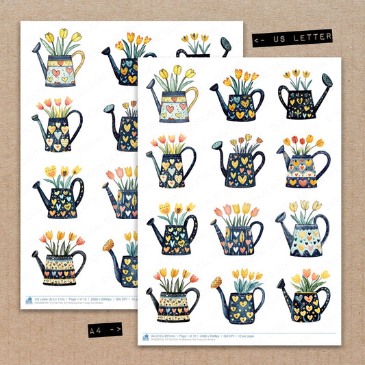 A4 and US Letter format comparison showing Flat Folk Art Watering Can fussy cut pages for print and cut crafting
