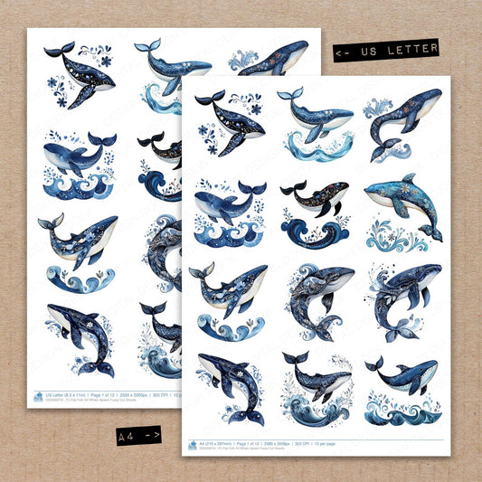 A4 and US Letter format comparison showing Flat Folk Art Whale Splash fussy cut pages for print and cut crafting