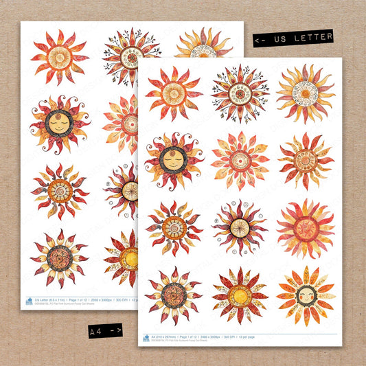 A4 and US Letter format comparison showing Flat Folk Sunburst fussy cut pages for print and cut crafting