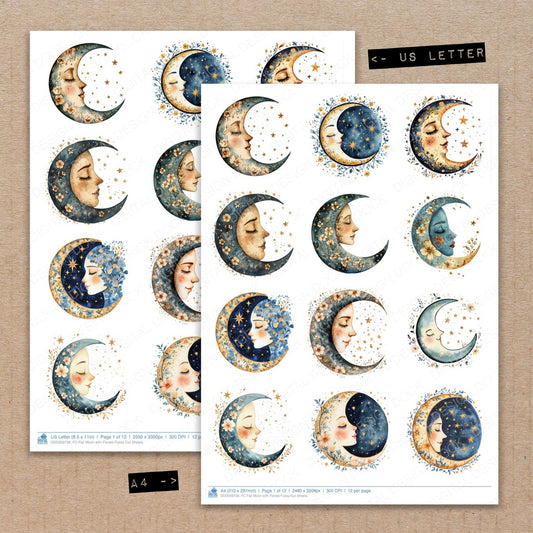 A4 and US Letter format comparison showing Flat Moon with Florals fussy cut pages for print and cut crafting