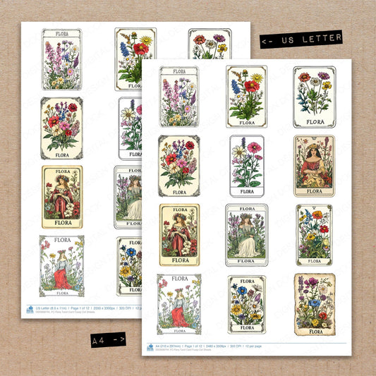 A4 and US Letter format comparison showing Flora Tarot Card fussy cut pages for print and cut crafting