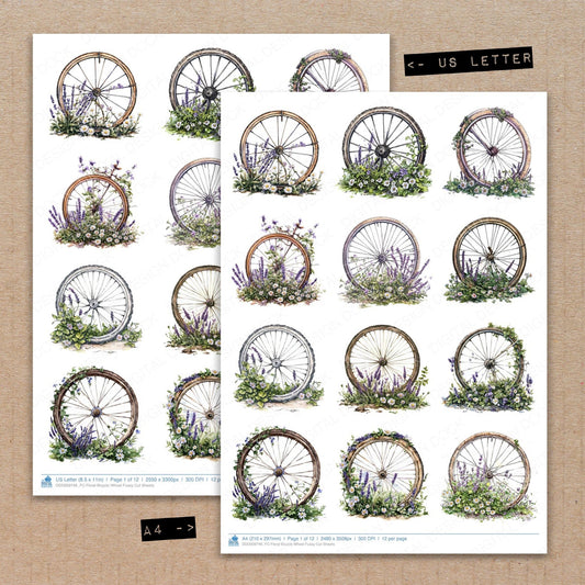 A4 and US Letter format comparison showing Floral Bicycle Wheel fussy cut pages for print and cut crafting