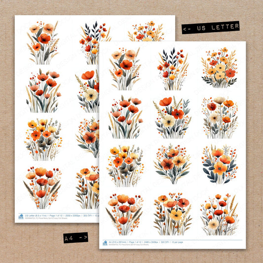 A4 and US Letter format comparison showing Floral Boho B fussy cut pages for print and cut crafting
