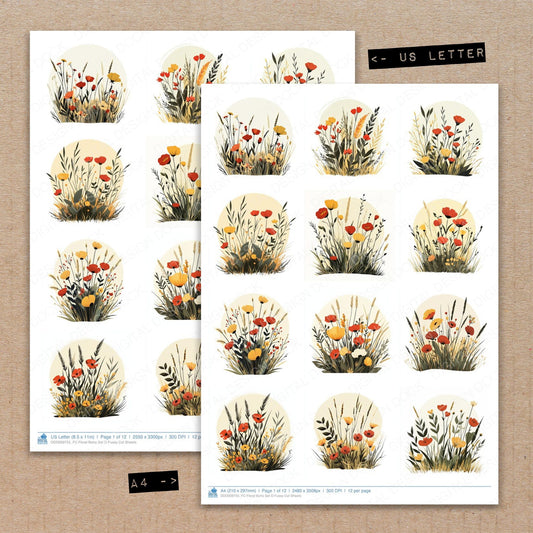A4 and US Letter format comparison showing Floral Boho D fussy cut pages for print and cut crafting