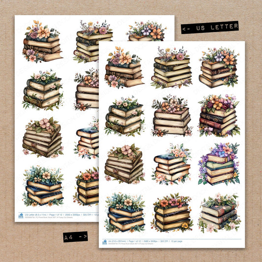 A4 and US Letter format comparison showing Floral Book Stack A fussy cut pages for print and cut crafting