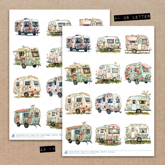 A4 and US Letter format comparison showing Floral Camping Trailer fussy cut pages for print and cut crafting