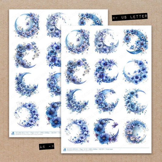 A4 and US Letter format comparison showing Floral Cresent Moon fussy cut pages for print and cut crafting
