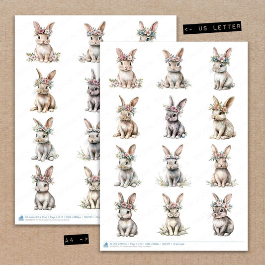 A4 and US Letter format comparison showing Floral Easter Bunny fussy cut pages for print and cut crafting