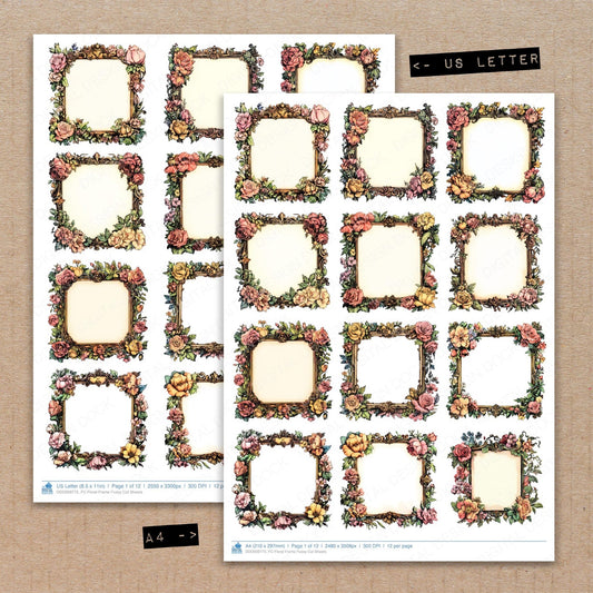 A4 and US Letter format comparison showing Floral Frame fussy cut pages for print and cut crafting