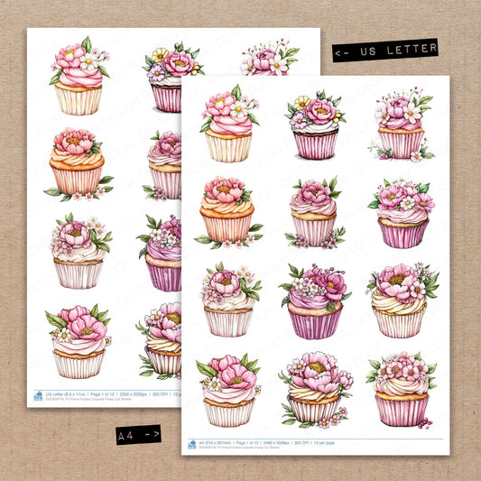 A4 and US Letter format comparison showing Floral Frosted Cupcake fussy cut pages for print and cut crafting
