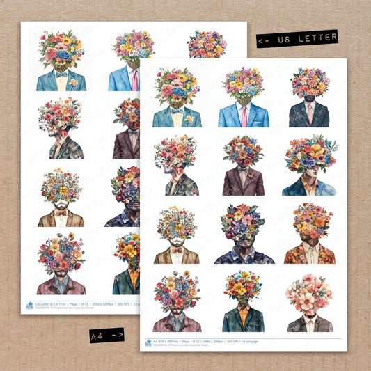 A4 and US Letter format comparison showing Floral Head Man fussy cut pages for print and cut crafting