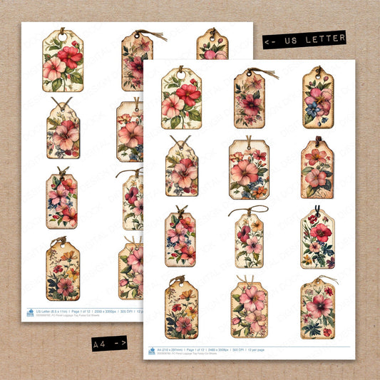 A4 and US Letter format comparison showing Floral Luggage Tag fussy cut pages for print and cut crafting