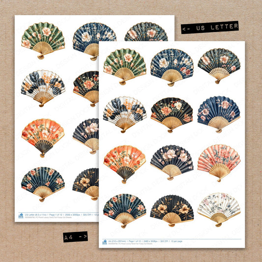 A4 and US Letter format comparison showing Floral Luxury Hand Fan fussy cut pages for print and cut crafting