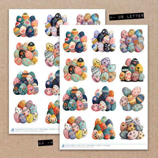 A4 and US Letter format comparison showing Floral Pattern Easter Eggs fussy cut pages for print and cut crafting