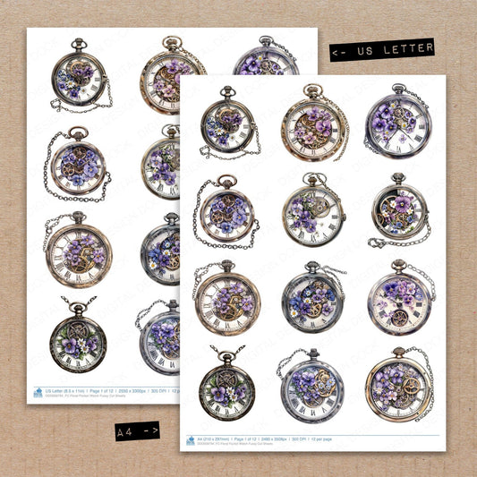 A4 and US Letter format comparison showing Floral Pocket Watch fussy cut pages for print and cut crafting