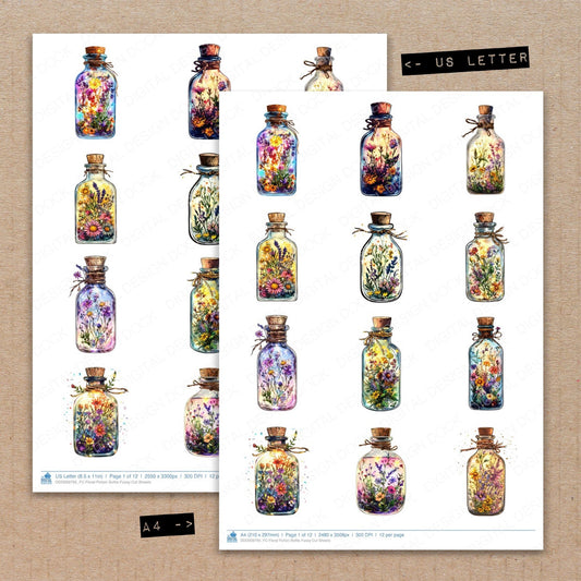 A4 and US Letter format comparison showing Floral Potion Bottle fussy cut pages for print and cut crafting