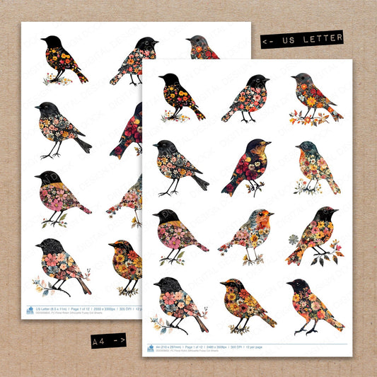 A4 and US Letter format comparison showing Floral Robin Silhouette fussy cut pages for print and cut crafting
