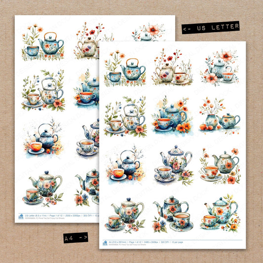 A4 and US Letter format comparison showing Floral Tea fussy cut pages for print and cut crafting