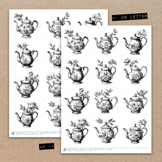 A4 and US Letter format comparison showing Floral Teapot Sketch fussy cut pages for print and cut crafting