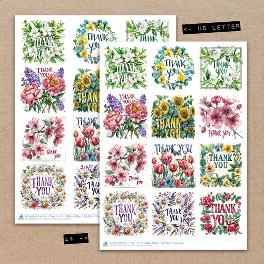 A4 and US Letter format comparison showing Floral Thank You Title fussy cut pages for print and cut crafting