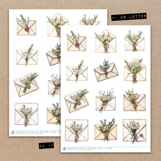 A4 and US Letter format comparison showing Floral Tied Envelope fussy cut pages for print and cut crafting