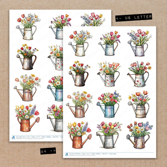 A4 and US Letter format comparison showing Floral Watering Can fussy cut pages for print and cut crafting